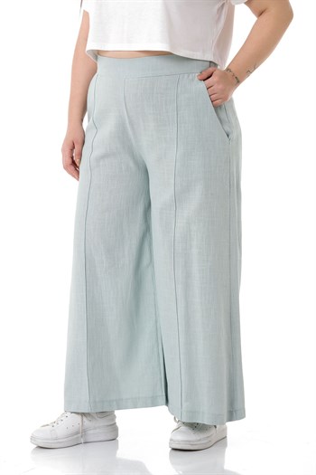 Plus Size Ribbed Stitched Pocket Zippered Wide Leg Linen Water Green Trousers