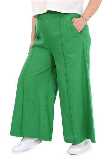 Plus Size Ribbed Stitched Pocket Zippered Wide Leg Linen Green Trousers