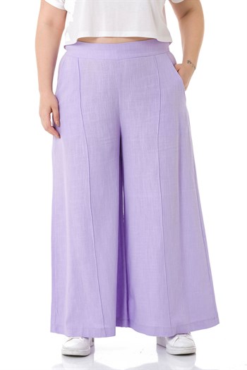 Plus Size Ribbed Stitched Pocket Zippered Wide Leg Linen Lilac Trousers