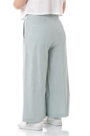 Plus Size Ribbed Stitched Pocket Zippered Wide Leg Linen Water Green Trousers