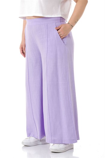 Plus Size Ribbed Stitched Pocket Zippered Wide Leg Linen Lilac Trousers