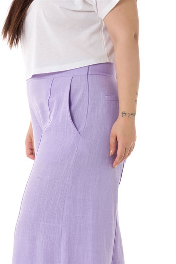 Plus Size Ribbed Stitched Pocket Zippered Wide Leg Linen Lilac Trousers