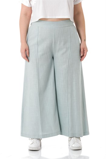 Plus Size Ribbed Stitched Pocket Zippered Wide Leg Linen Water Green Trousers