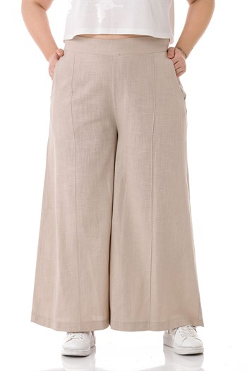 Plus Size Ribbed Stitched Pocket Zippered Wide Leg Linen Beige Trousers