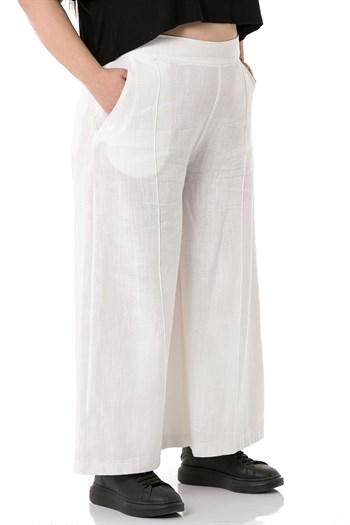 Plus Size Ribbed Stitched Pocket Zippered Wide Leg Linen White Trousers