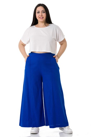 Plus Size Ribbed Stitched Pocket Zippered Wide Leg Linen İndigo Trousers