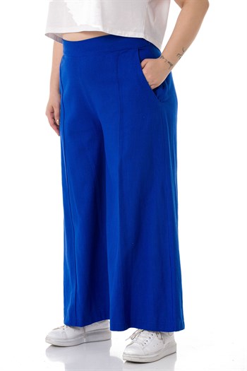 Plus Size Ribbed Stitched Pocket Zippered Wide Leg Linen İndigo Trousers