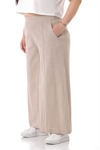 Plus Size Ribbed Stitched Pocket Zippered Wide Leg Linen Beige Trousers