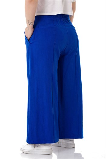 Plus Size Ribbed Stitched Pocket Zippered Wide Leg Linen İndigo Trousers
