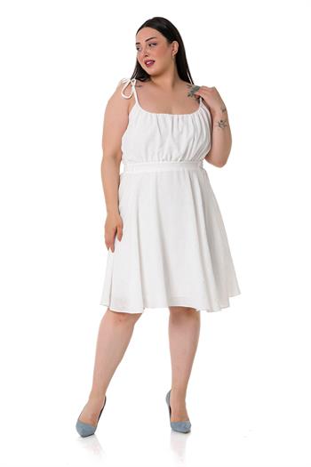 Büyük Beden Omuzdan Bağlama Detaylı Kısa Beyaz Elbise