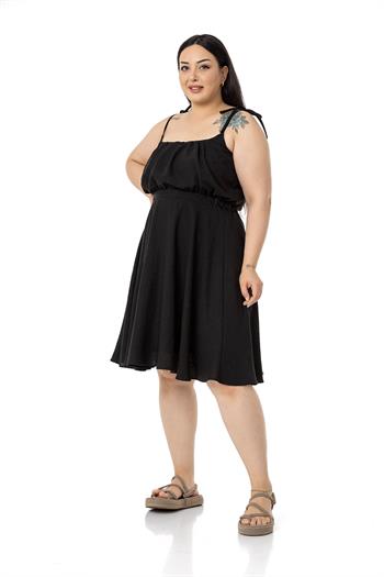 Büyük Beden Omuzdan Bağlama Detaylı Kısa Siyah Elbise