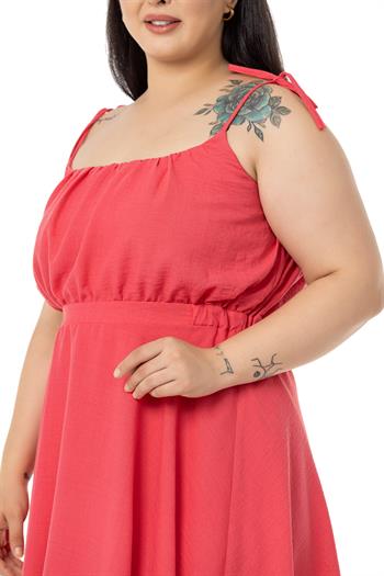 Büyük Beden Omuzdan Bağlama Detaylı Kısa Fuşya Elbise