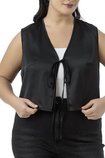 Büyük Beden Önden Bağlama Detaylı Saten Astarsız Siyah Yelek