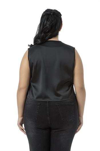 Büyük Beden Önden Bağlama Detaylı Saten Astarsız Siyah Yelek