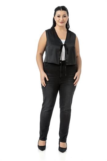 Büyük Beden Önden Bağlama Detaylı Saten Astarsız Siyah Yelek