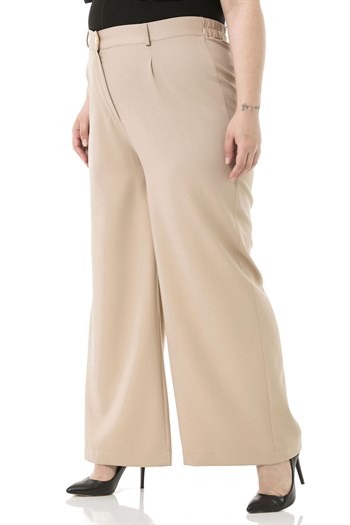 Plus Size Pleated Front Elastic Back Waist Zippered Wide Leg Double Beige Trousers