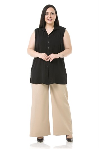 Plus Size Pleated Front Elastic Back Waist Zippered Wide Leg Double Beige Trousers