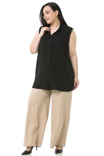 Plus Size Pleated Front Elastic Back Waist Zippered Wide Leg Double Beige Trousers