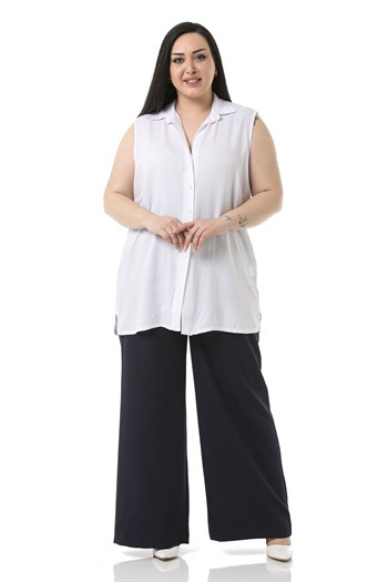 Plus Size Pleated Front Elastic Back Waist Zippered Wide Leg Double Navy Blue Trousers