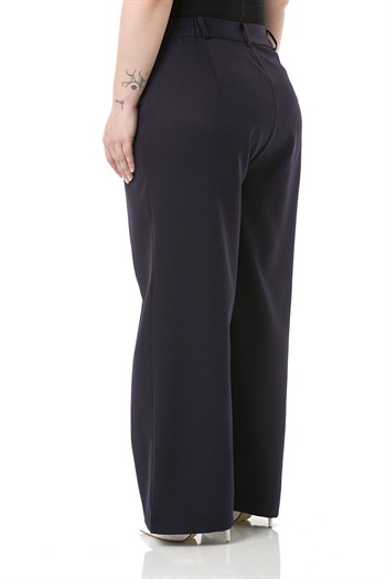 Plus Size Pleated Front Elastic Back Waist Zippered Wide Leg Double Navy Blue Trousers