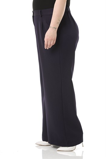 Plus Size Pleated Front Elastic Back Waist Zippered Wide Leg Double Navy Blue Trousers