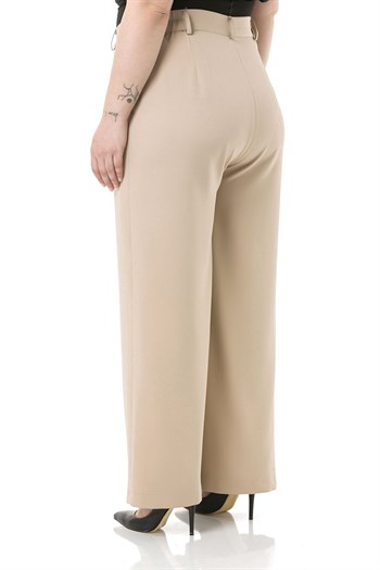Plus Size Pleated Front Elastic Back Waist Zippered Wide Leg Double Beige Trousers