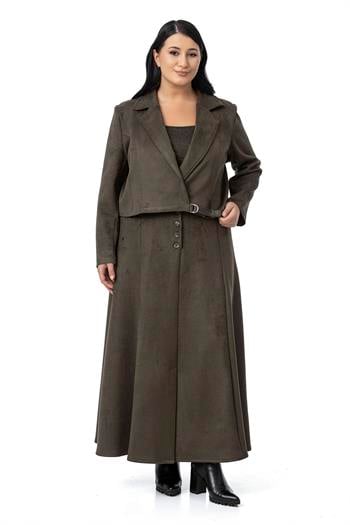 Büyük Beden Önden Yırtmaçlı Düğmeli Beli Arkadan Lastikli Uzun Süet Haki Etek 