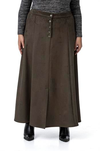 Büyük Beden Önden Yırtmaçlı Düğmeli Beli Arkadan Lastikli Uzun Süet Haki Etek 