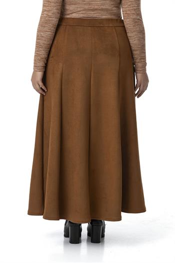 Büyük Beden Önden Yırtmaçlı Düğmeli Beli Arkadan Lastikli Uzun Süet Kahverengi Etek 