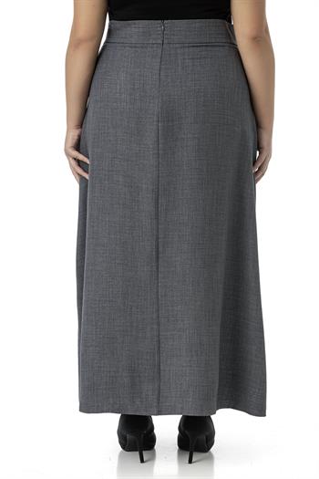 Büyük Beden Önden Yırtmaçlı Süs Bağlama Detaylı Torba Cepli Gri Midi Etek