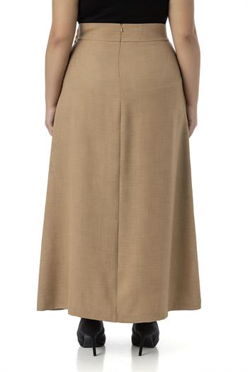 Büyük Beden Önden Yırtmaçlı Süs Bağlama Detaylı Torba Cepli Vizon Midi Etek