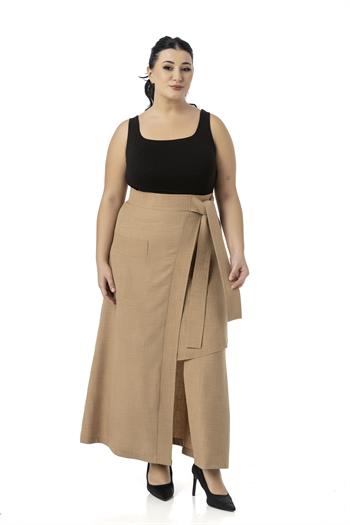 Büyük Beden Önden Yırtmaçlı Süs Bağlama Detaylı Torba Cepli Vizon Midi Etek