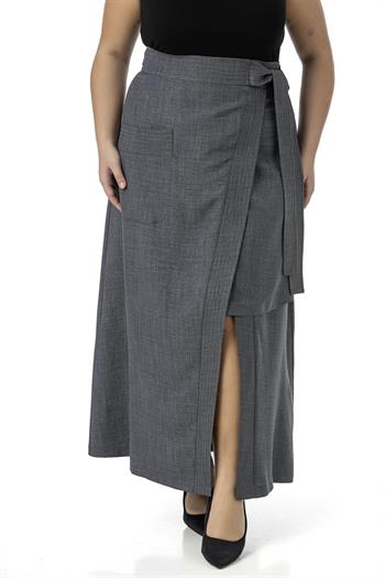 Büyük Beden Önden Yırtmaçlı Süs Bağlama Detaylı Torba Cepli Gri Midi Etek