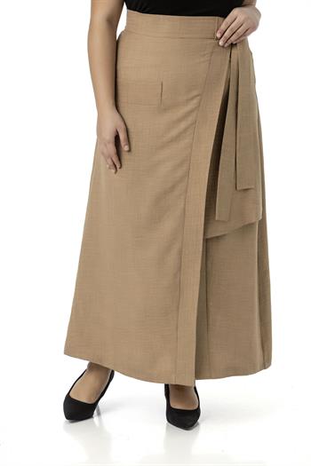 Büyük Beden Önden Yırtmaçlı Süs Bağlama Detaylı Torba Cepli Vizon Midi Etek