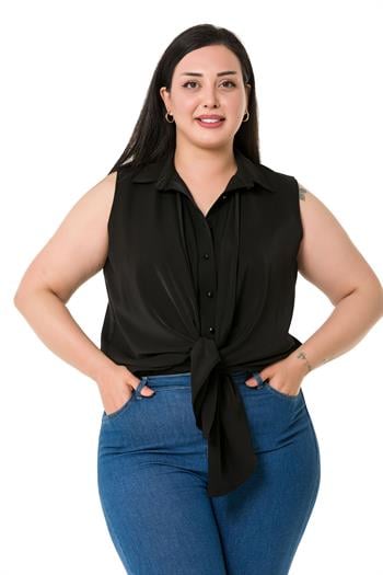 Büyük Beden Önü Çift Kat Kolsuz Pilikaşe Detaylı Siyah Gömlek