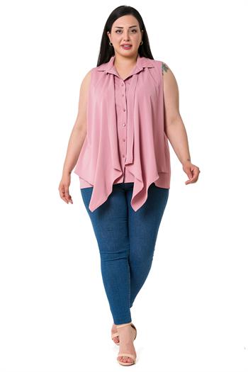 Büyük Beden Önü Çift Kat Kolsuz Pilikaşe Detaylı Gül Kurusu Gömlek