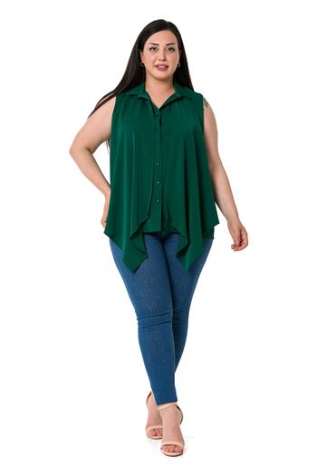 Büyük Beden Önü Çift Kat Kolsuz Pilikaşe Detaylı Zümrüt Gömlek