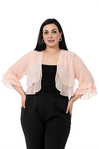 Büyük Beden Önü Çift Kat Kolu ve Arkası Fırfırlı Şifon Pudra Bolero