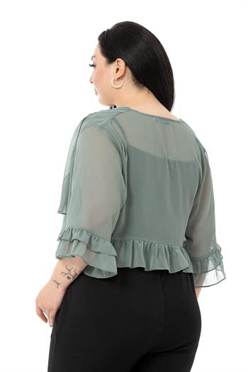Plus Size Chiffon Water Green Bolero with Double Layers on the Front Sleeves and Ruffles on the Back