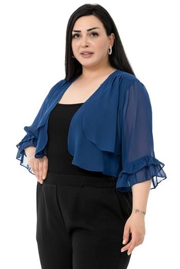 Plus Size Chiffon Navy Blue Bolero with Double Layers on the Front Sleeves and Ruffles on the Back