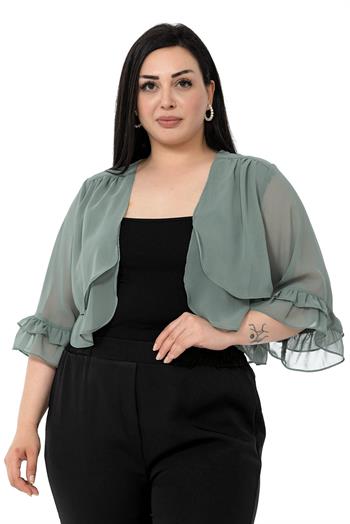 Plus Size Chiffon Water Green Bolero with Double Layers on the Front Sleeves and Ruffles on the Back
