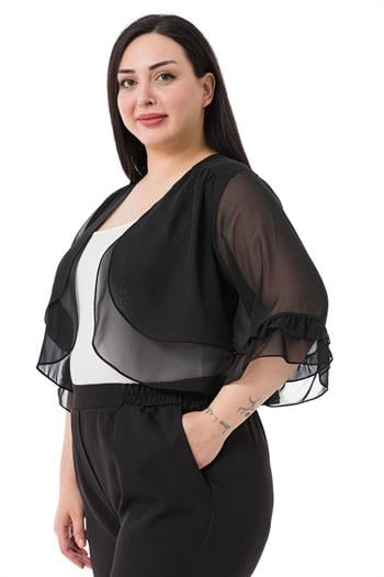 Büyük Beden Önü Çift Kat Kolu ve Arkası Fırfırlı Şifon Siyah Bolero