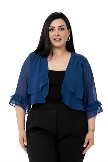Plus Size Chiffon Navy Blue Bolero with Double Layers on the Front Sleeves and Ruffles on the Back