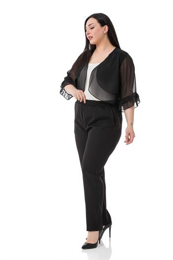 Büyük Beden Önü Çift Kat Kolu ve Arkası Fırfırlı Şifon Siyah Bolero