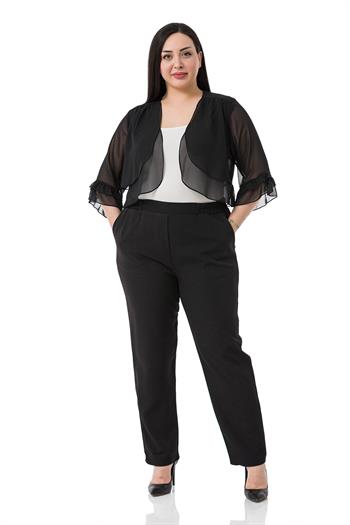 Büyük Beden Önü Çift Kat Kolu ve Arkası Fırfırlı Şifon Siyah Bolero