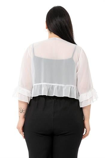 Plus Size Chiffon White Bolero with Double Layers on the Front Sleeves and Ruffles on the Back