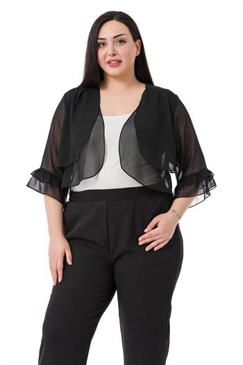Büyük Beden Önü Çift Kat Kolu ve Arkası Fırfırlı Şifon Siyah Bolero
