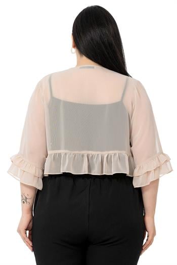 Plus Size Chiffon Beige Bolero with Double Layers on the Front Sleeves and Ruffles on the Back