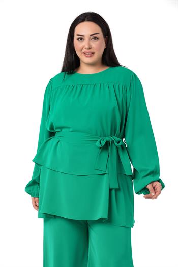 Büyük Beden Önü Çift Kat Kuşaklı Kol Ağzı Lastikli Benetton Yeşili Bluz