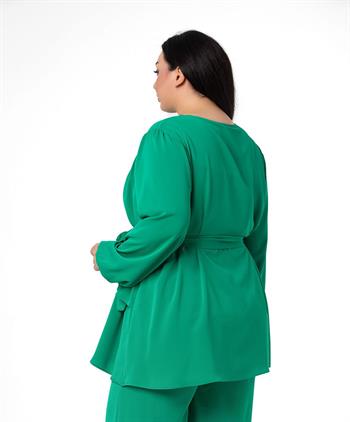 Büyük Beden Önü Çift Kat Kuşaklı Kol Ağzı Lastikli Benetton Yeşili Bluz